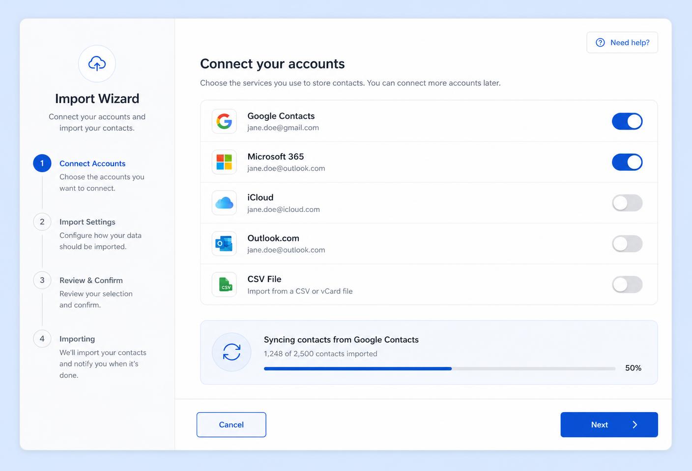 ContactsCloud import wizard connecting Google, Microsoft, iCloud and CSV sources