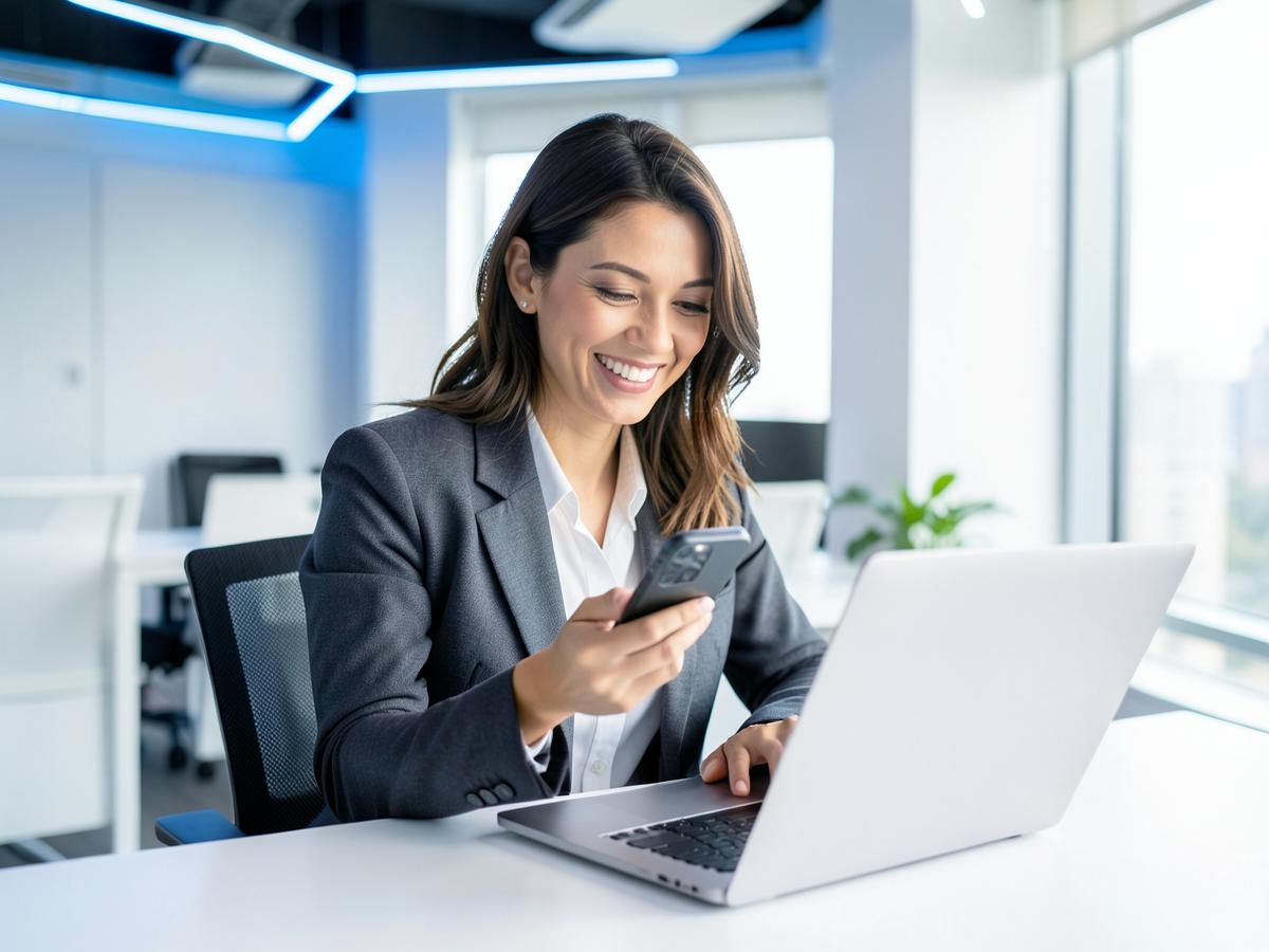 Professional using ContactsCloud on a phone and laptop in a bright office