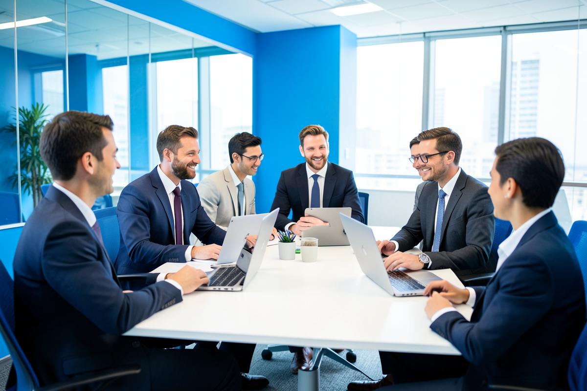 The ContactsCloud team working together in a bright blue and white office